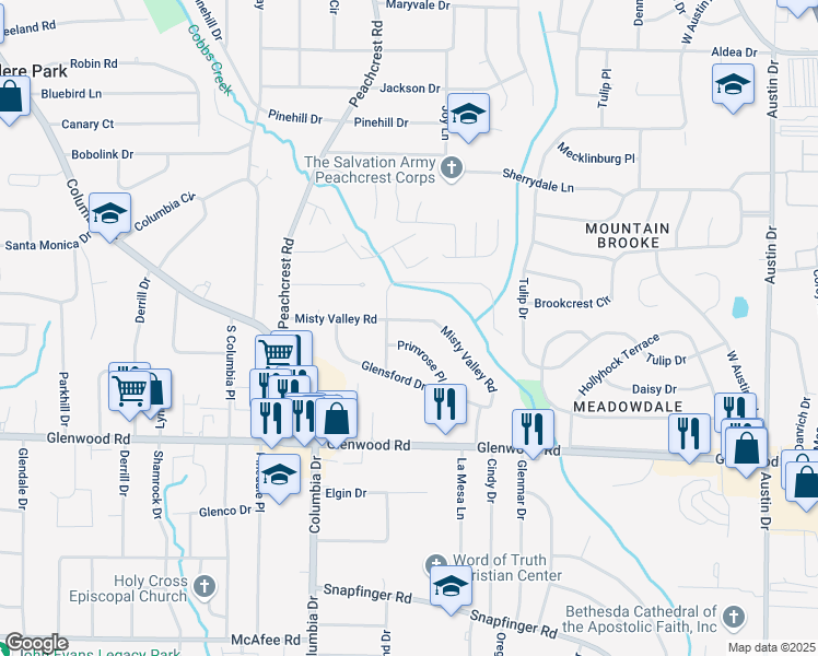 map of restaurants, bars, coffee shops, grocery stores, and more near 3449 Misty Valley Road in Decatur