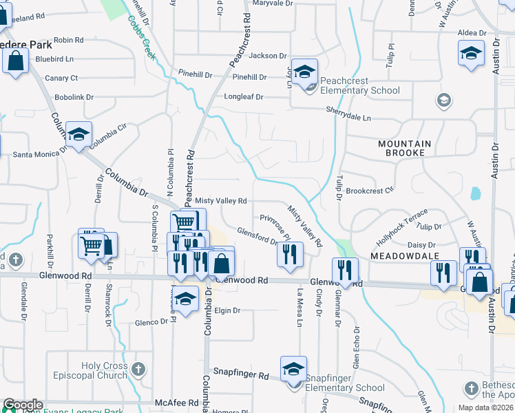 map of restaurants, bars, coffee shops, grocery stores, and more near 3377 Brookfield Lane in Decatur