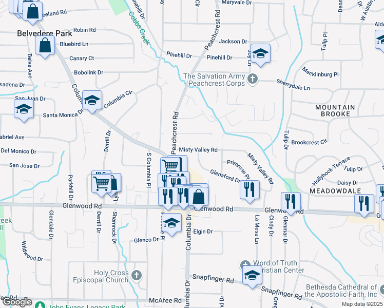 map of restaurants, bars, coffee shops, grocery stores, and more near 3367 Misty Valley Road in Decatur