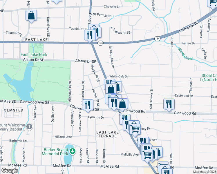 map of restaurants, bars, coffee shops, grocery stores, and more near 1715 Candler Road in Decatur