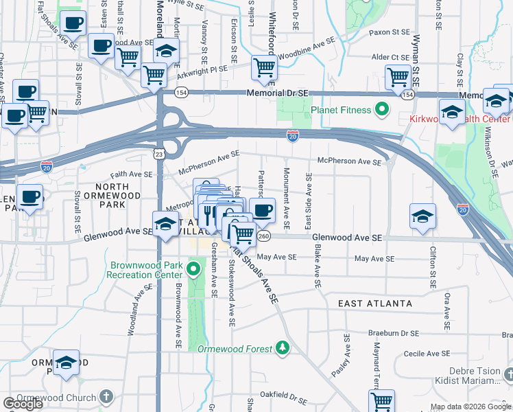 map of restaurants, bars, coffee shops, grocery stores, and more near 481 Patterson Avenue Southeast in Atlanta