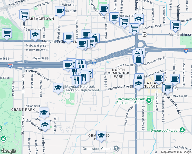map of restaurants, bars, coffee shops, grocery stores, and more near 454 Hamilton Street Southeast in Atlanta