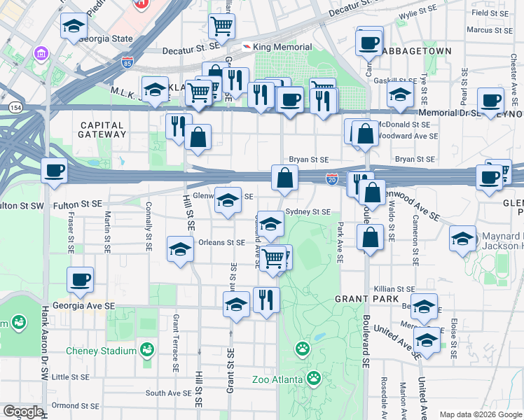 map of restaurants, bars, coffee shops, grocery stores, and more near 472 Oakland Avenue Southeast in Atlanta