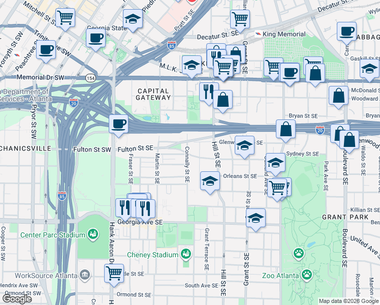 map of restaurants, bars, coffee shops, grocery stores, and more near 510 Connally Street Southeast in Atlanta