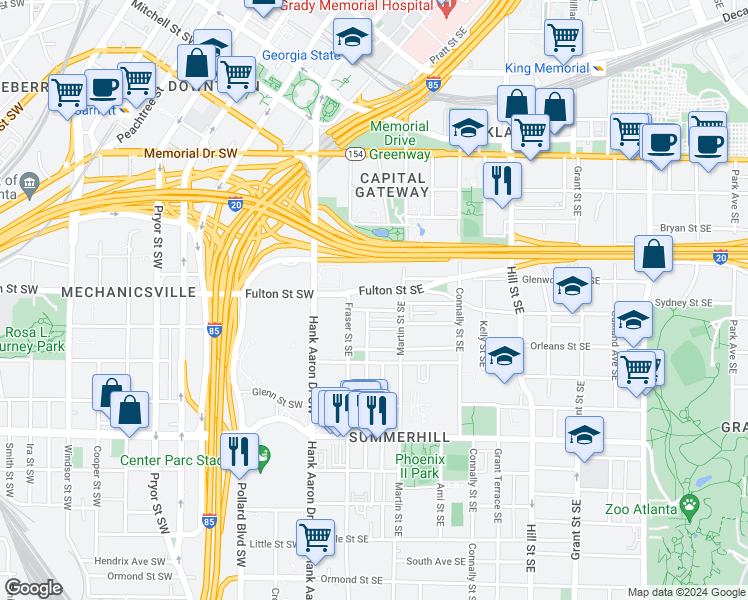 map of restaurants, bars, coffee shops, grocery stores, and more near 489 Reed Street Southeast in Atlanta