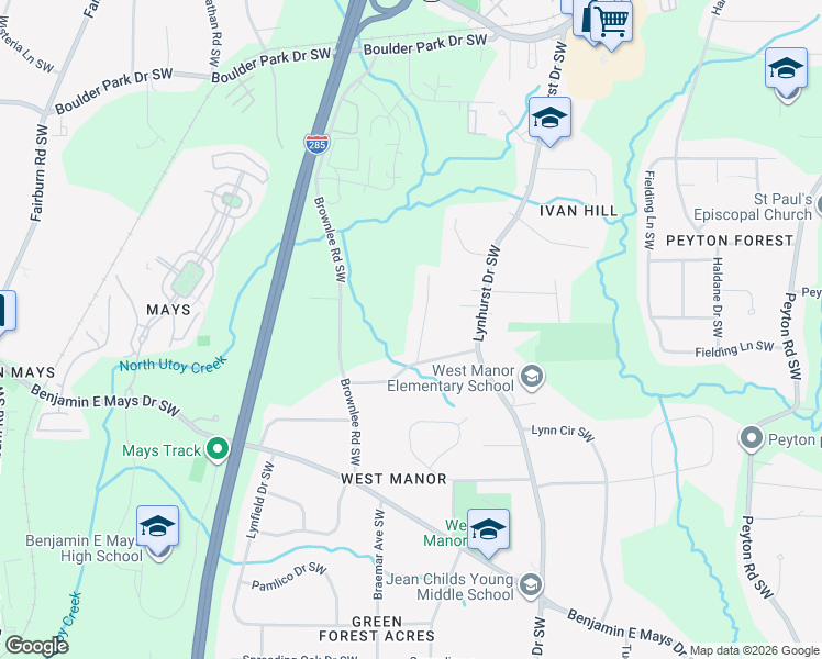 map of restaurants, bars, coffee shops, grocery stores, and more near 531 Hiawassee Drive Southwest in Atlanta