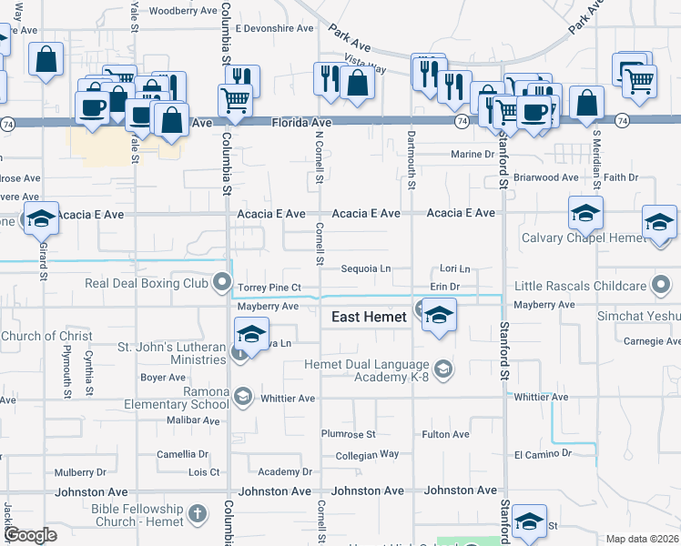 map of restaurants, bars, coffee shops, grocery stores, and more near 41303 Sequoia Lane in Hemet