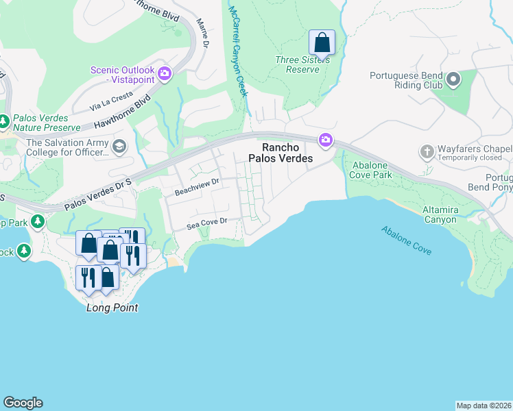 map of restaurants, bars, coffee shops, grocery stores, and more near 32679 Seagate Drive in Rancho Palos Verdes