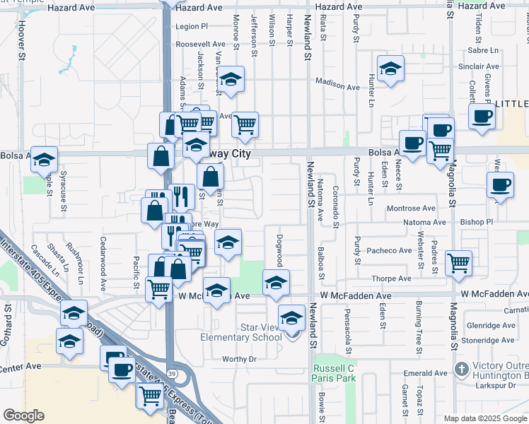 map of restaurants, bars, coffee shops, grocery stores, and more near 8200 Bolsa Avenue in Midway City
