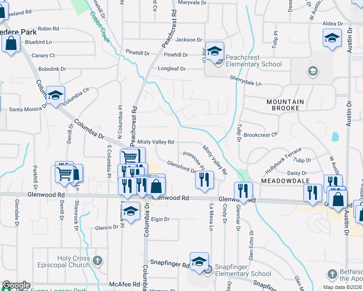 map of restaurants, bars, coffee shops, grocery stores, and more near 3377 Brookfield Lane in Decatur
