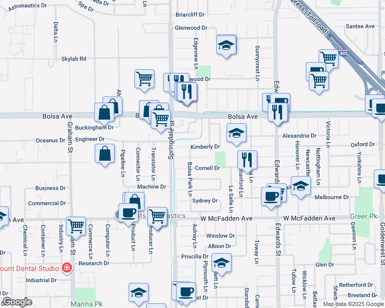 map of restaurants, bars, coffee shops, grocery stores, and more near 6091 Dundee Drive in Huntington Beach