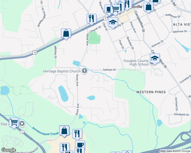 map of restaurants, bars, coffee shops, grocery stores, and more near 8833 West Chase Drive in Douglasville