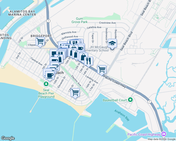 map of restaurants, bars, coffee shops, grocery stores, and more near 324 14th Street in Seal Beach