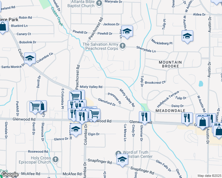 map of restaurants, bars, coffee shops, grocery stores, and more near 3449 Misty Valley Road in Decatur