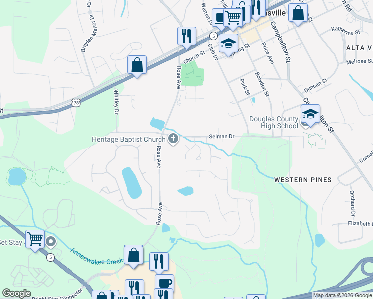 map of restaurants, bars, coffee shops, grocery stores, and more near 8828 Ridgemoore Court in Douglasville