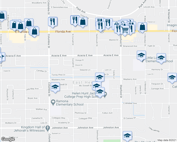 map of restaurants, bars, coffee shops, grocery stores, and more near 26166 Cozy Circle in Hemet