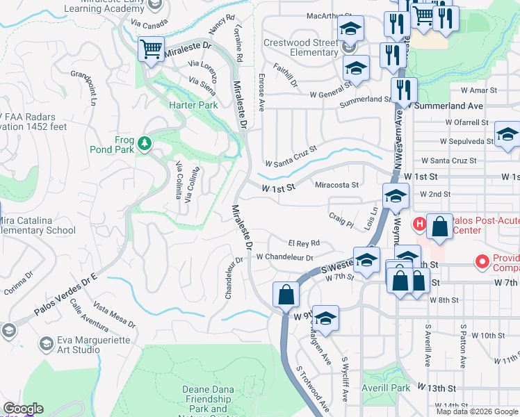 map of restaurants, bars, coffee shops, grocery stores, and more near 314 Miraleste Drive in Los Angeles