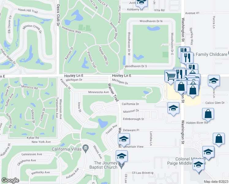 map of restaurants, bars, coffee shops, grocery stores, and more near 42320 Warner Trail in Palm Desert