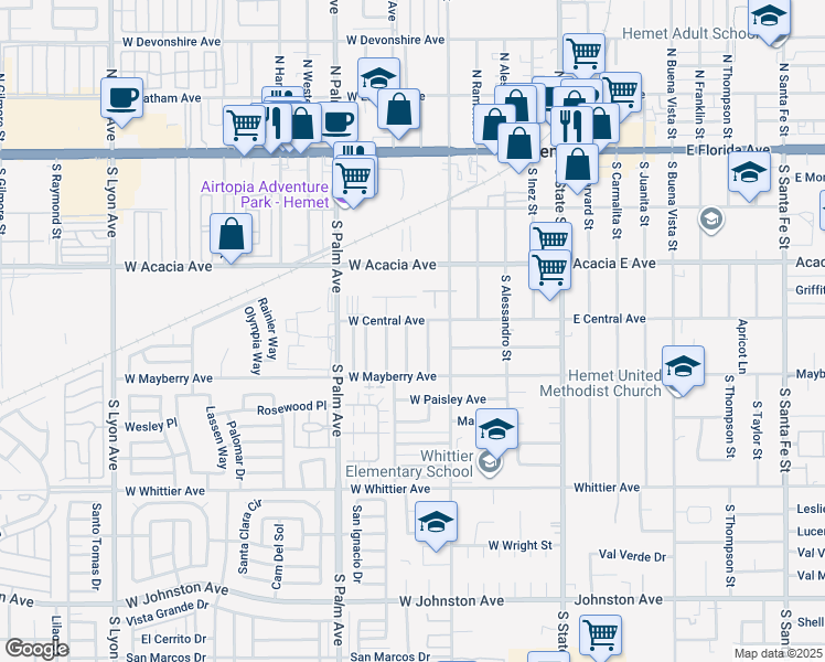 map of restaurants, bars, coffee shops, grocery stores, and more near 410 Hermosa Street in Hemet