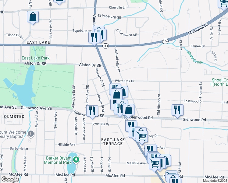map of restaurants, bars, coffee shops, grocery stores, and more near 1715 Candler Road in Decatur