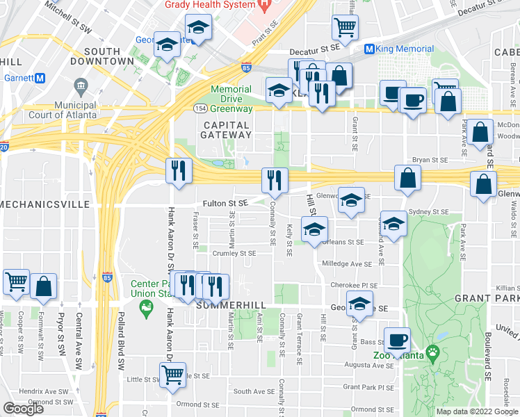 map of restaurants, bars, coffee shops, grocery stores, and more near 164 Fulton Way Southeast in Atlanta