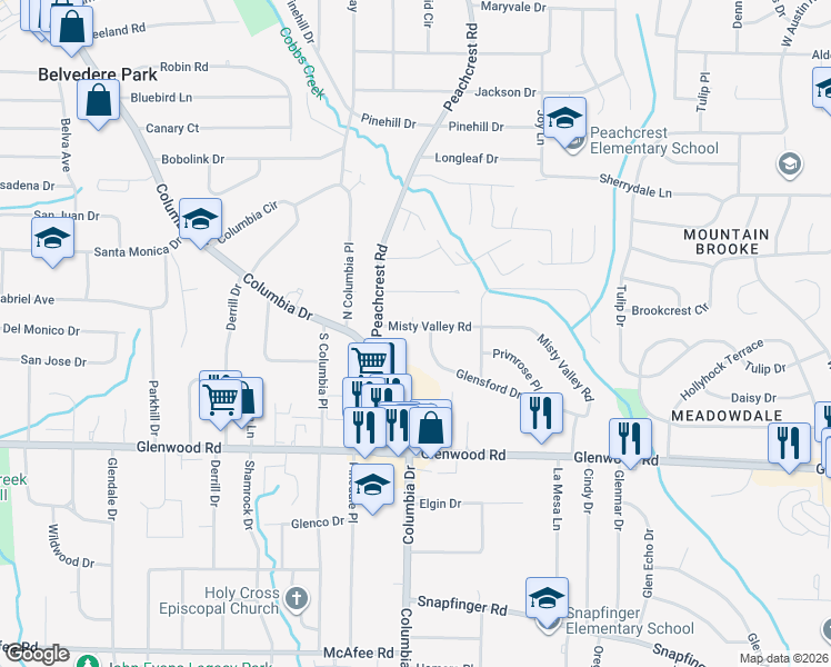 map of restaurants, bars, coffee shops, grocery stores, and more near 3357 Misty Valley Road in Decatur