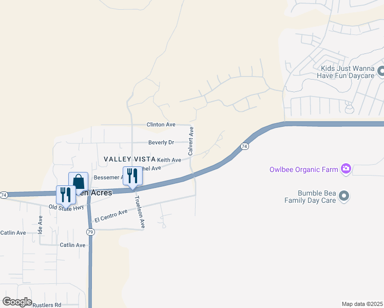 map of restaurants, bars, coffee shops, grocery stores, and more near Bethel Avenue in Hemet