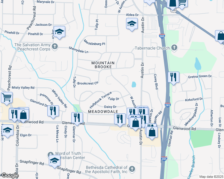 map of restaurants, bars, coffee shops, grocery stores, and more near 1673 Hollyhock Terrace in Decatur