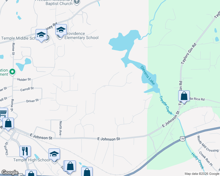 map of restaurants, bars, coffee shops, grocery stores, and more near 229 Ivey Lake Parkway in Temple