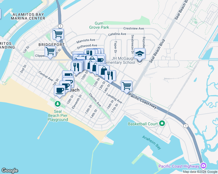 map of restaurants, bars, coffee shops, grocery stores, and more near 324 14th Street in Seal Beach