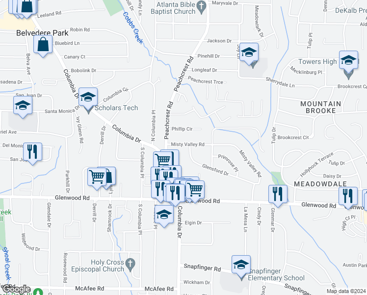 map of restaurants, bars, coffee shops, grocery stores, and more near 3367 Misty Valley Road in Decatur