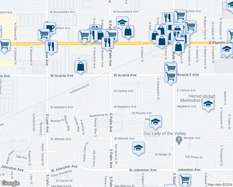 map of restaurants, bars, coffee shops, grocery stores, and more near 401 South Simpson Avenue in Hemet