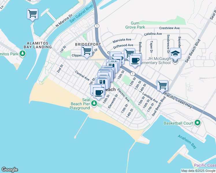 map of restaurants, bars, coffee shops, grocery stores, and more near 246 Main Street in Seal Beach