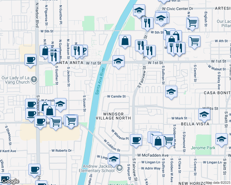 map of restaurants, bars, coffee shops, grocery stores, and more near 302 Teton Way in Santa Ana