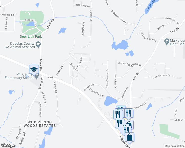 map of restaurants, bars, coffee shops, grocery stores, and more near 2947 Bottle Brush Drive in Lithia Springs