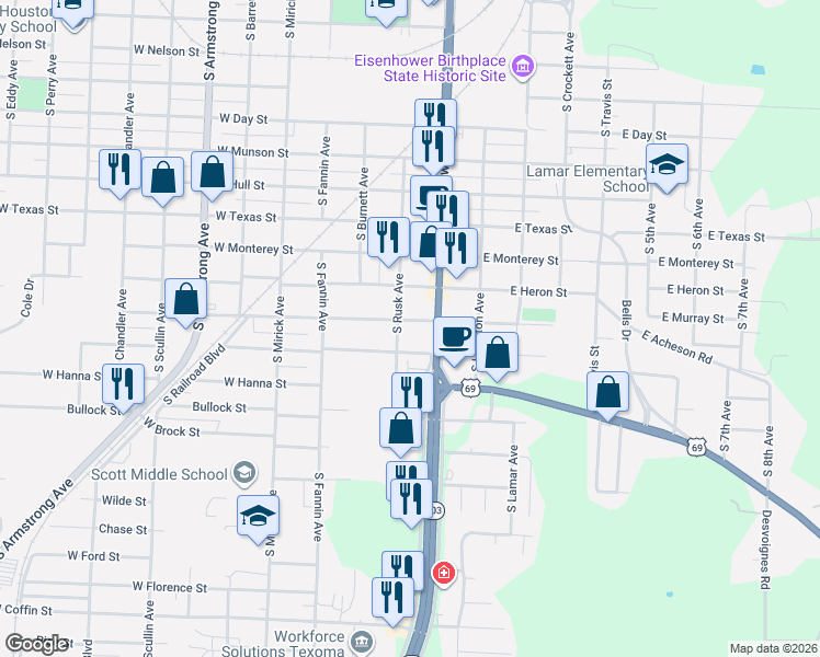map of restaurants, bars, coffee shops, grocery stores, and more near 223 West Murray Street in Denison