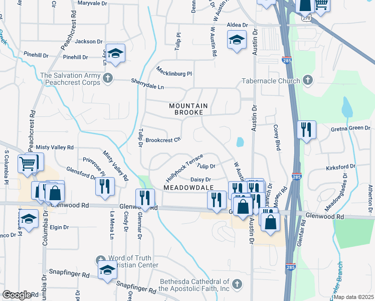map of restaurants, bars, coffee shops, grocery stores, and more near 3656 Tulip Drive in Decatur