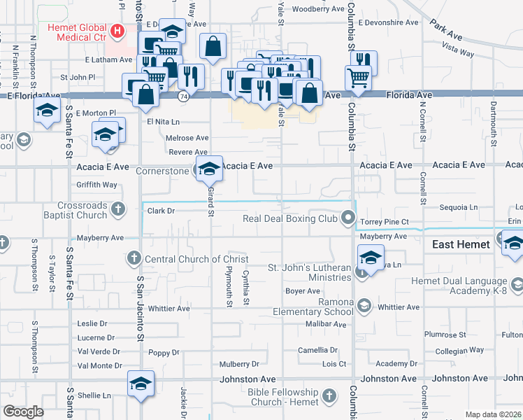 map of restaurants, bars, coffee shops, grocery stores, and more near 40676 Mayberry Avenue in Hemet
