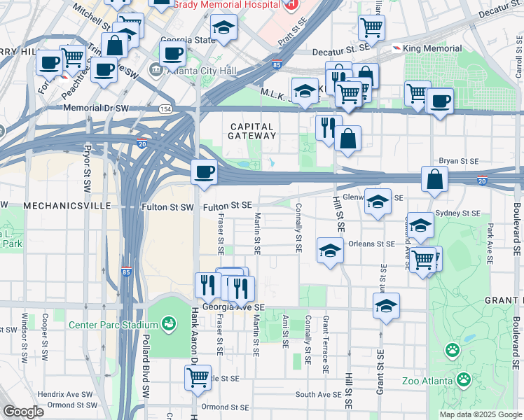 map of restaurants, bars, coffee shops, grocery stores, and more near 445 Martin Street Southeast in Atlanta