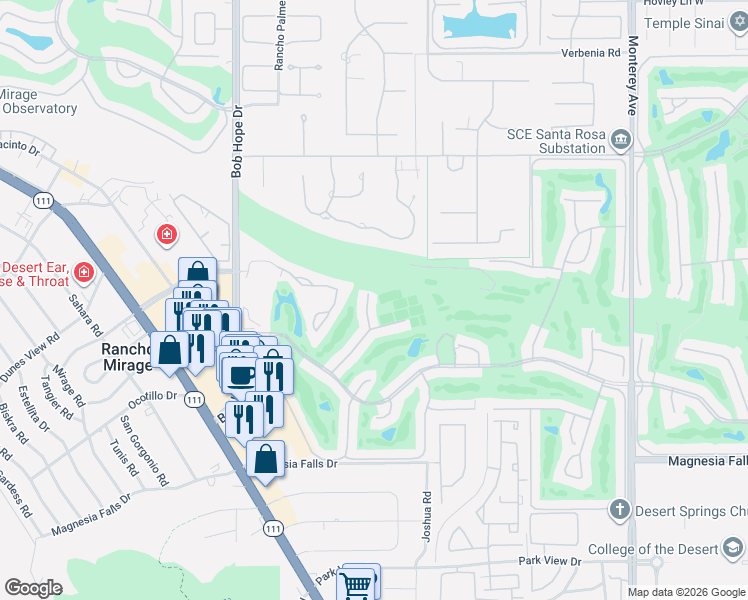 map of restaurants, bars, coffee shops, grocery stores, and more near 21 Toledo Drive in Rancho Mirage