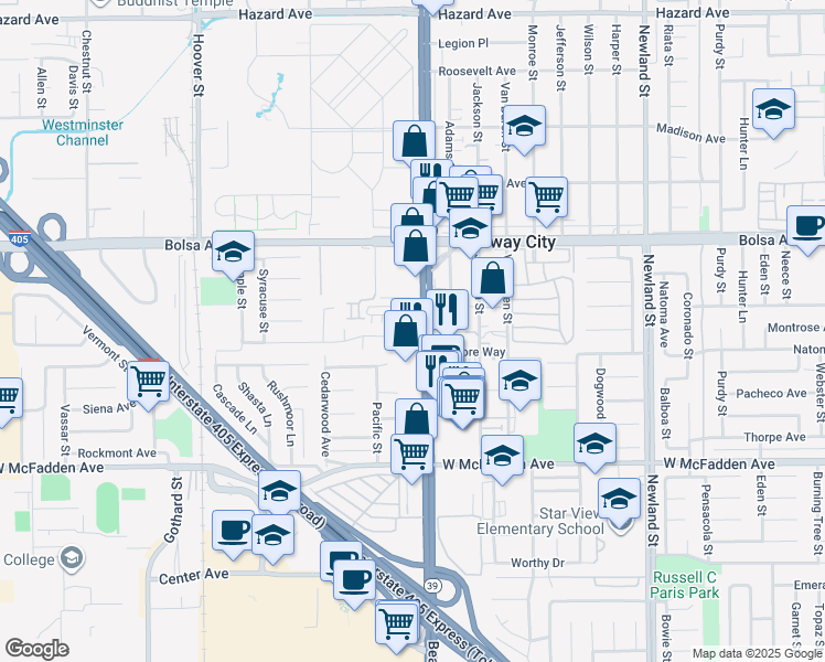 map of restaurants, bars, coffee shops, grocery stores, and more near 15151 Beach Blvd in Westminster