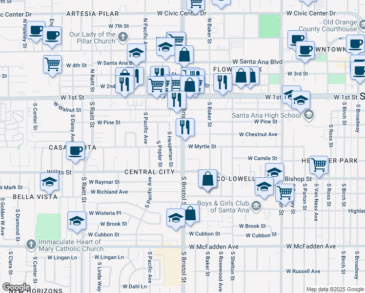 map of restaurants, bars, coffee shops, grocery stores, and more near S Bristol St & W Myrtle St in Santa Ana