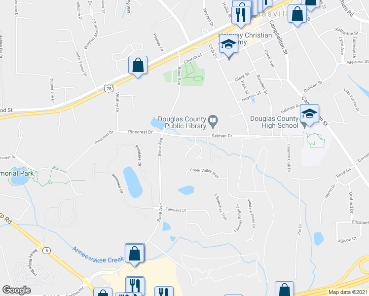 map of restaurants, bars, coffee shops, grocery stores, and more near 8826 Ridgemoore Court in Douglasville