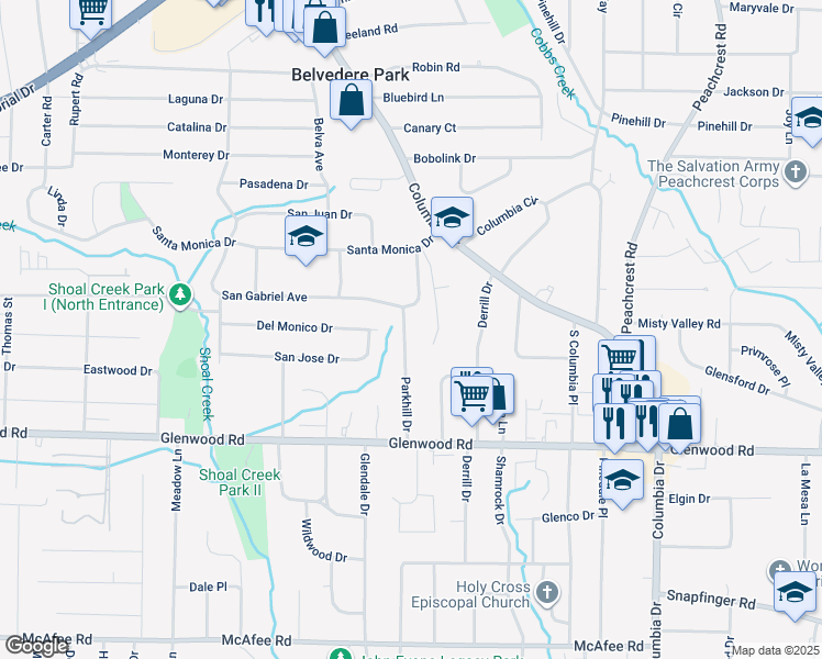 map of restaurants, bars, coffee shops, grocery stores, and more near 1714 Parkhill Drive in Decatur