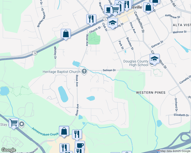 map of restaurants, bars, coffee shops, grocery stores, and more near 8819 West Hills Court in Douglasville