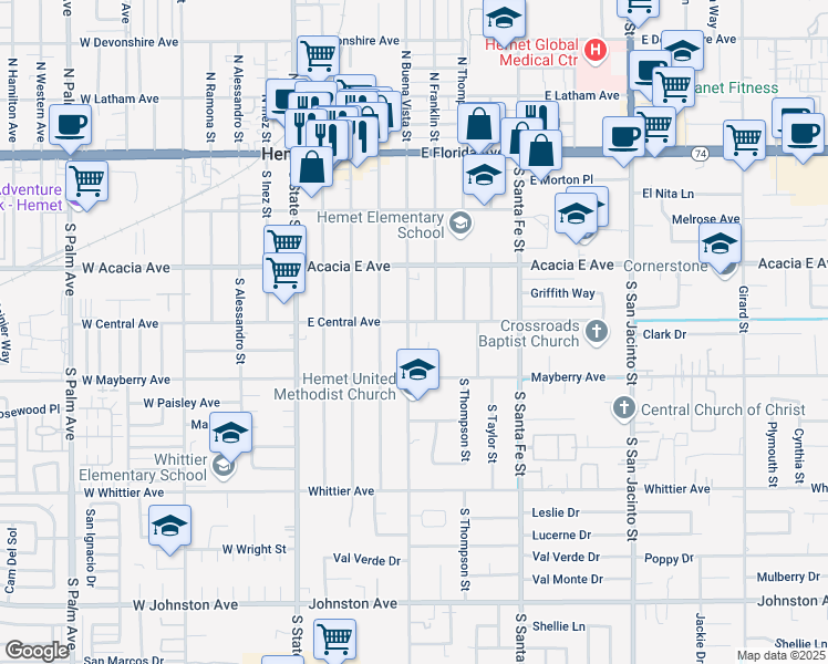 map of restaurants, bars, coffee shops, grocery stores, and more near 346 South Buena Vista Street in Hemet