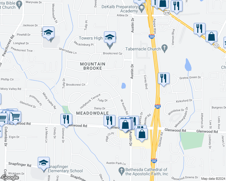 map of restaurants, bars, coffee shops, grocery stores, and more near 1735 West Austin Road in Decatur