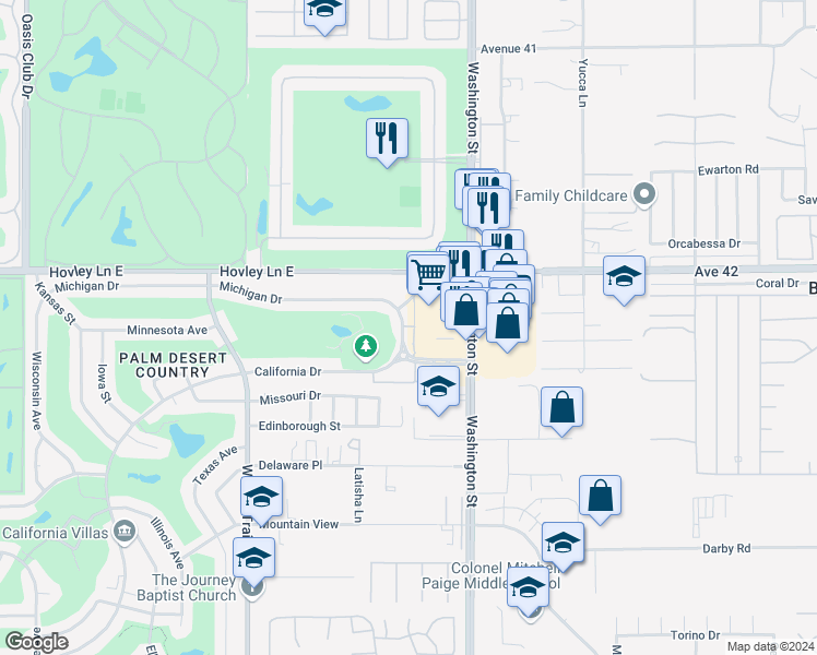map of restaurants, bars, coffee shops, grocery stores, and more near 77815 Michigan Drive in Palm Desert