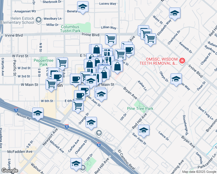 map of restaurants, bars, coffee shops, grocery stores, and more near 1081 East Main Street in Tustin