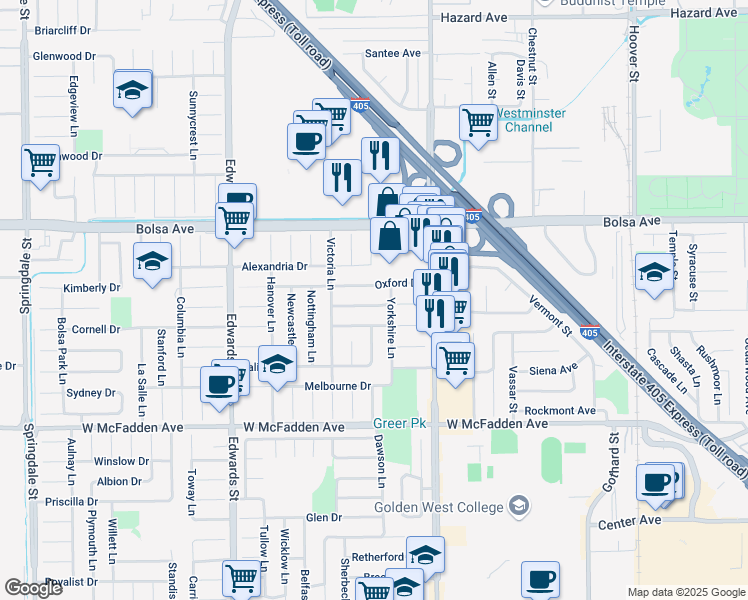 map of restaurants, bars, coffee shops, grocery stores, and more near 6831 Oxford Drive in Huntington Beach